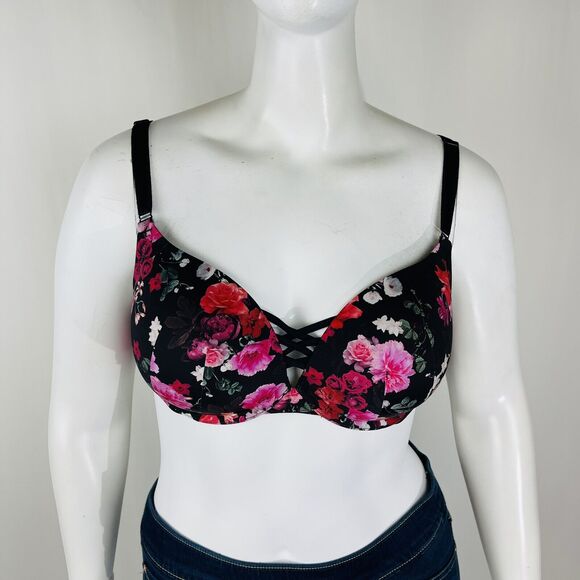 New Torrid Womans Sz 40DDD Push Up Plunge Bra Floral Underwire Black Pink NWT - Picture 6 of 11